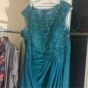 Long Cap Sleeve Illusion Beaded Chiffon Dress (22W)